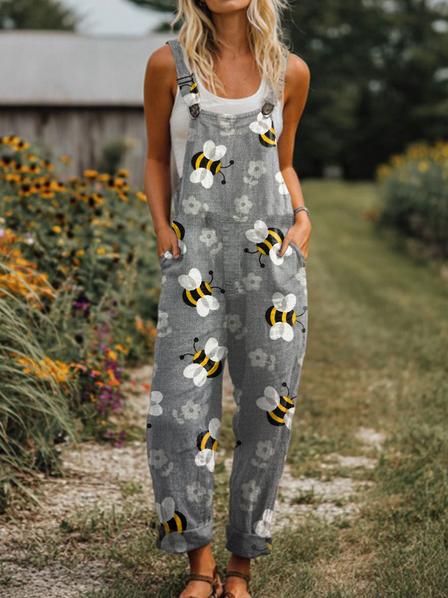 Women's  Vintage Flower Bee Art Print Casual 100% Cotton Wide Leg Jumpsuit