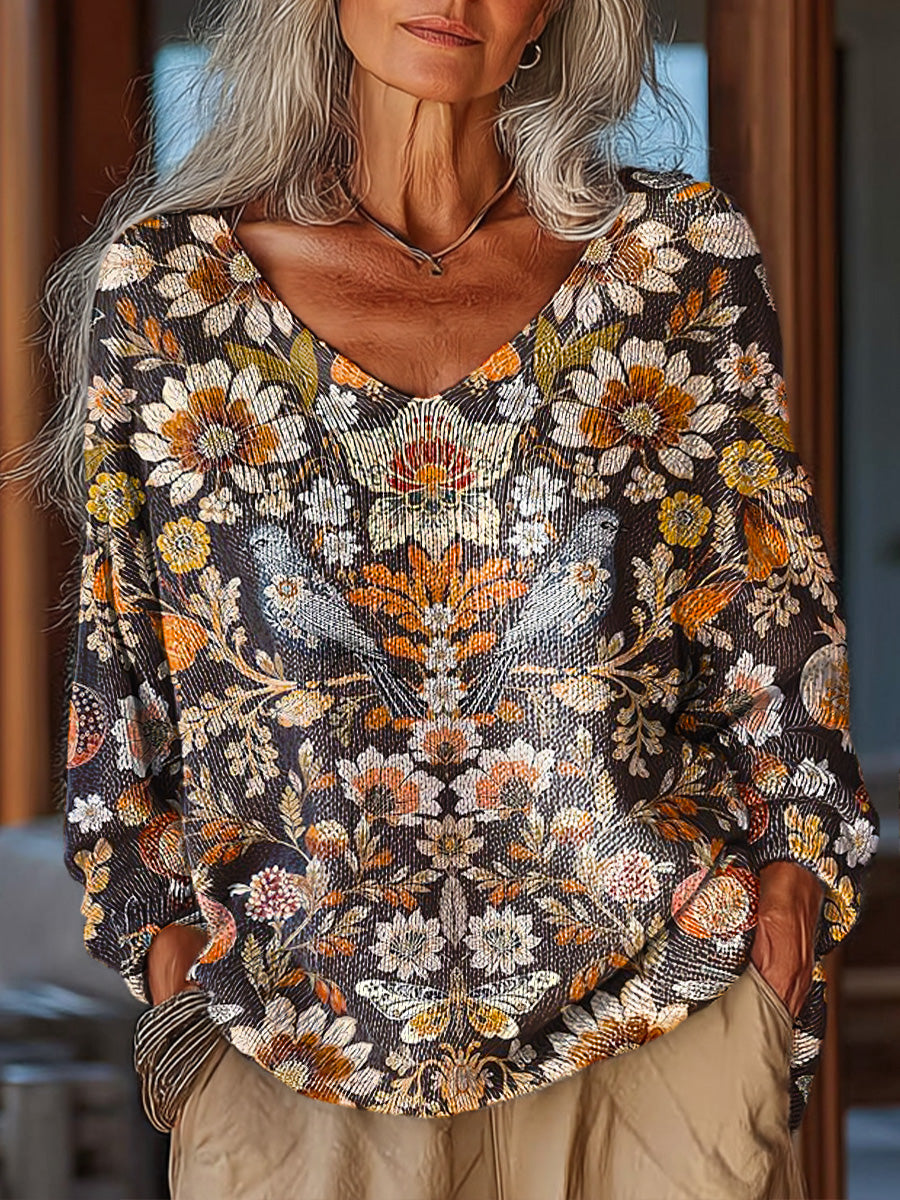 womens-vintage-ethnic-floral-symmetrical-art-print-casual-pullover-sweater