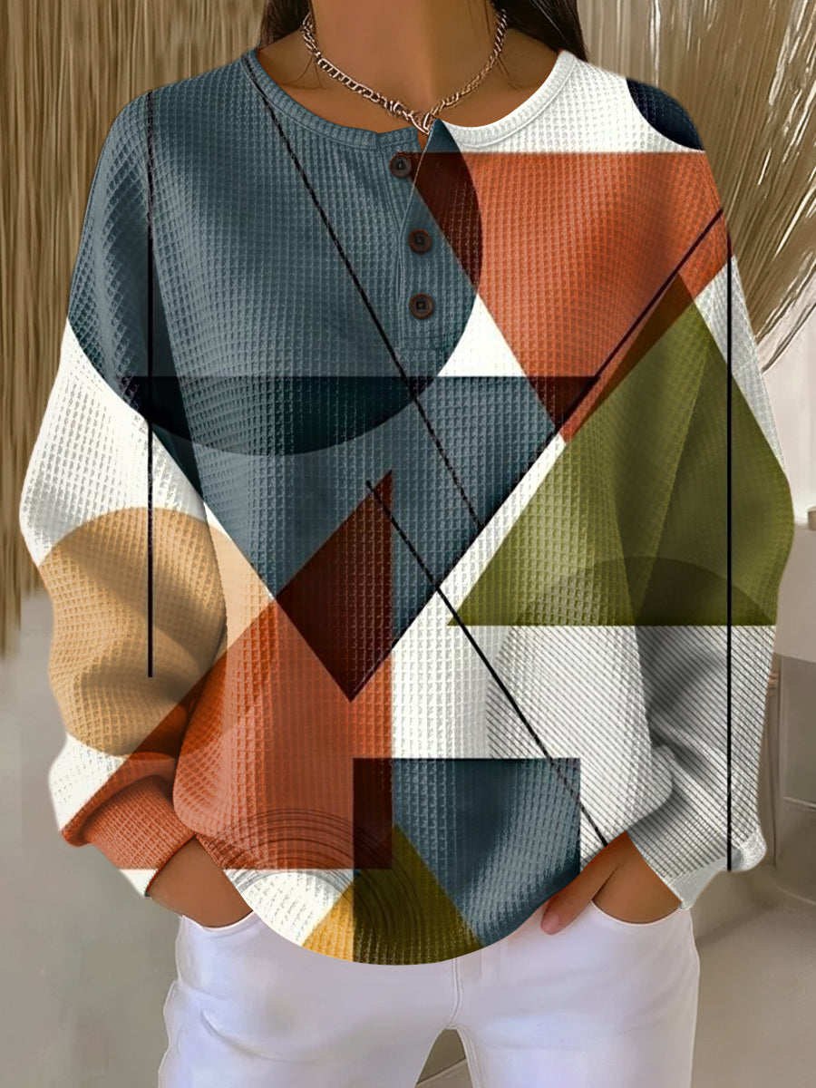 Women's Abstract Geometric Color Block Painting Art Print Casual Cotton Sweatshirt