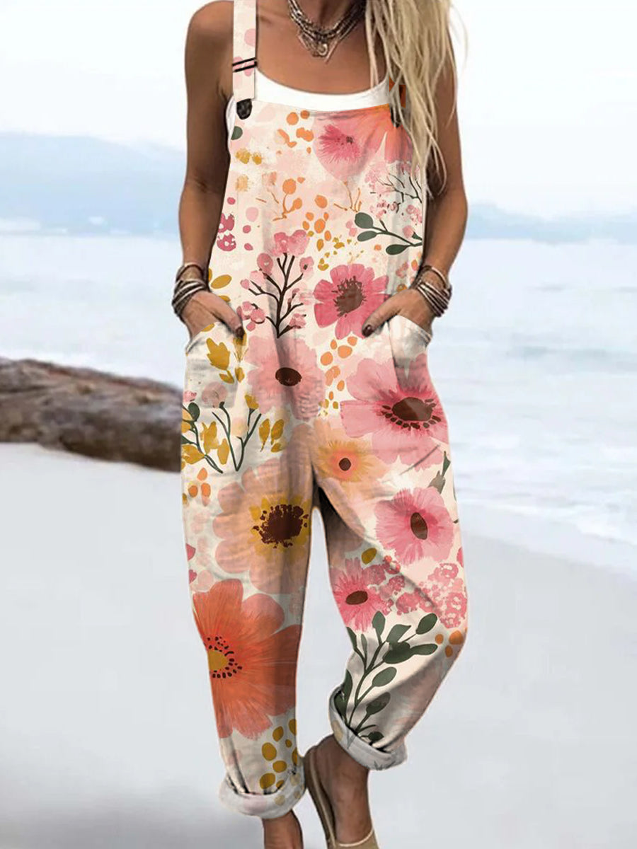 Women's Pink Art Flower Print Casual 100% Cotton Wide Leg Jumpsuit