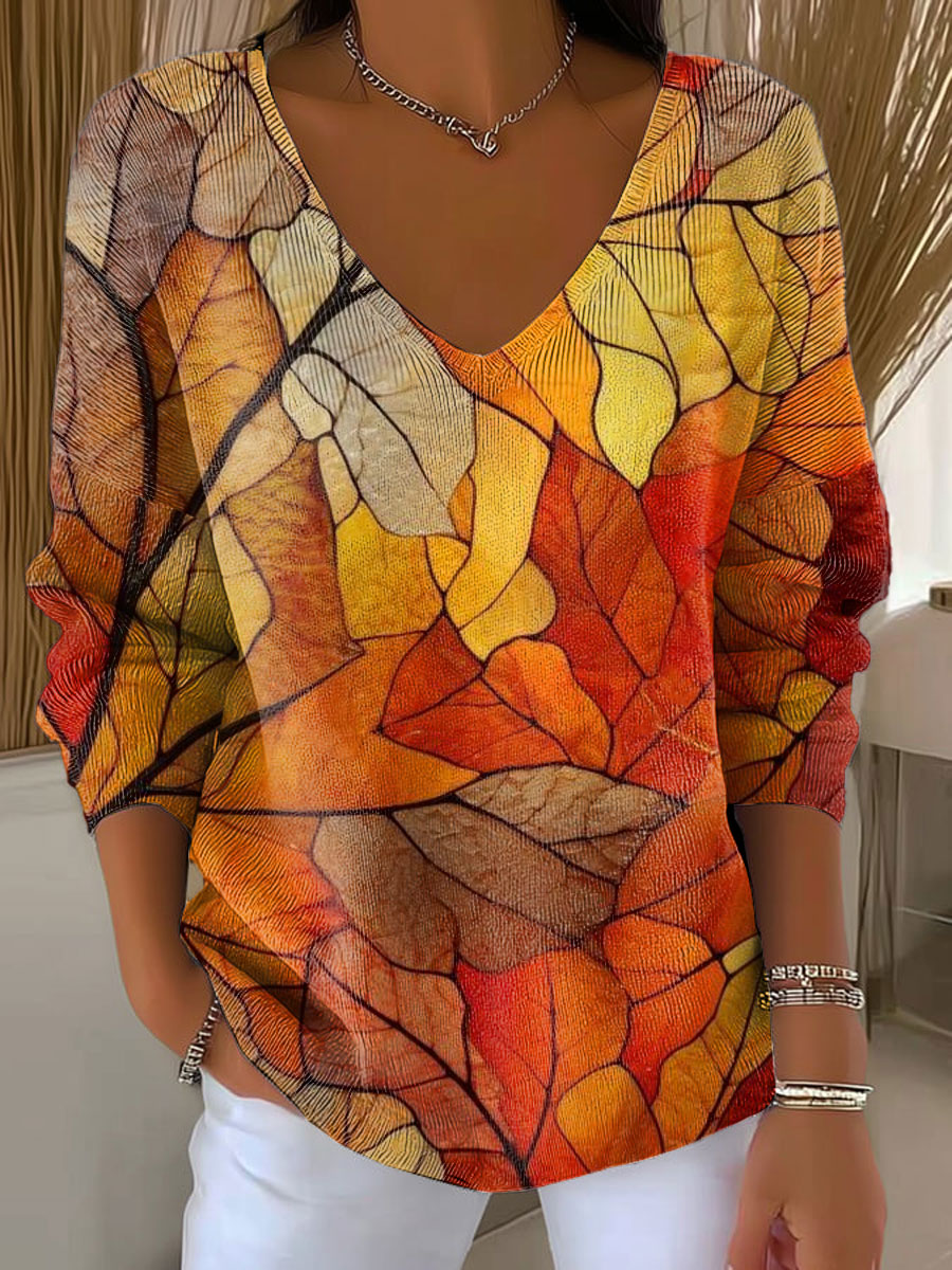 womens-autumn-leaves-orange-casual-print-pullover-sweater-964q