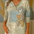 Women's Retro Heart Print V-Neck Long Sleeve Casual Loose Top