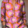 Women's Abstract Multicolor Floral Painting Art Print Casual Cotton And Linen Shirt