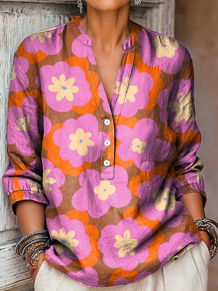 Women's Abstract Multicolor Floral Painting Art Print Casual Cotton And Linen Shirt