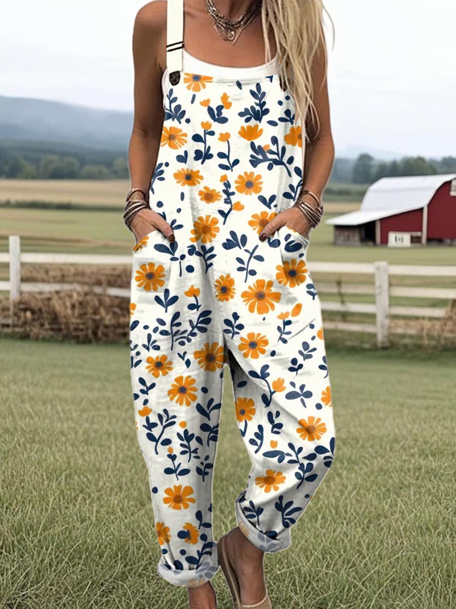 Women's Vintage Floral Pattern Art Print Casual 100% Cotton Wide Leg Jumpsuit