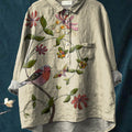 Women's Vintage Ethnic Floral Bird Art Print Casual Cotton And Linen Shirt