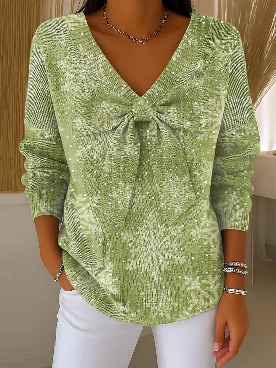 Women's Christmas Print Bowknot V-Neck Long Sleeve Casual Pullover Sweater