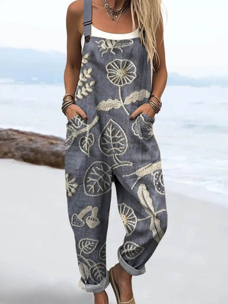 Women's Vintage Floral Art Print Casual 100% Cotton Wide Leg Jumpsuit