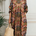 Women's Vintage Flower Art Print Pocket Cotton Dress