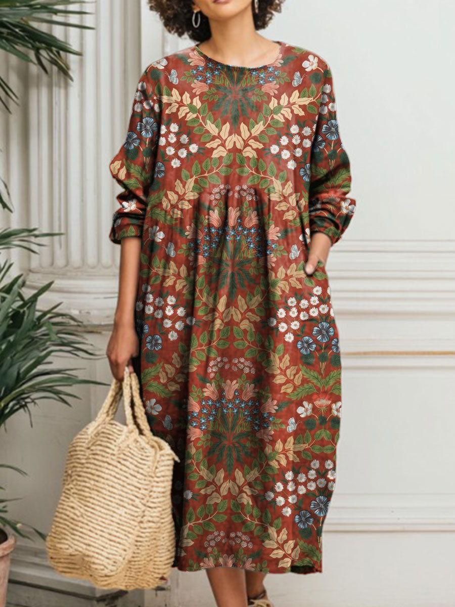 Women's Vintage Flower Art Print Pocket Cotton Dress