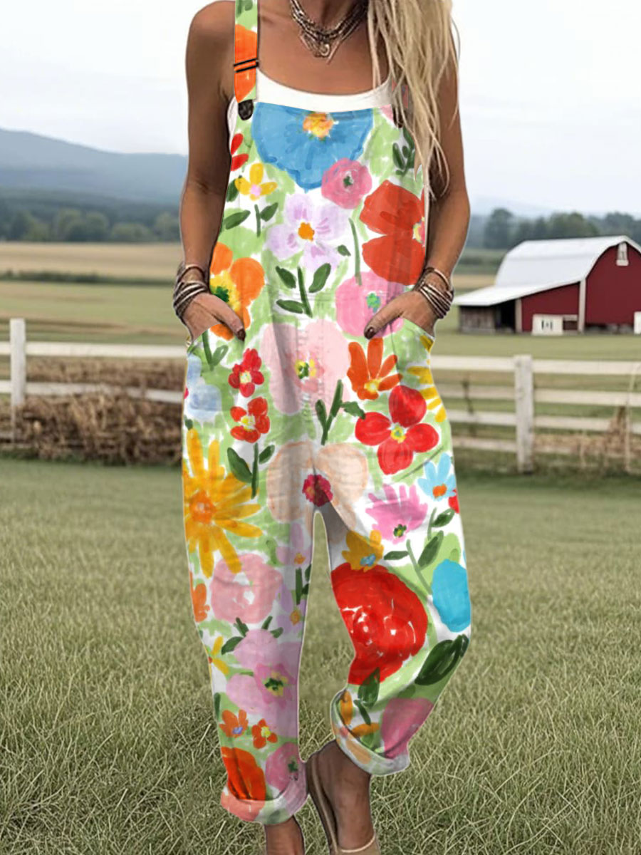 Women's Vintage Floral  Art Print Casual 100% Cotton Wide Leg Jumpsuit