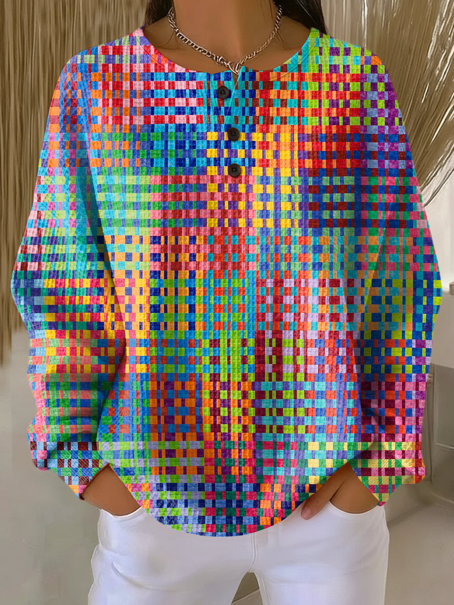 Women's Abstract Colorful Plaid Painting Art Print Casual Cotton Shirt