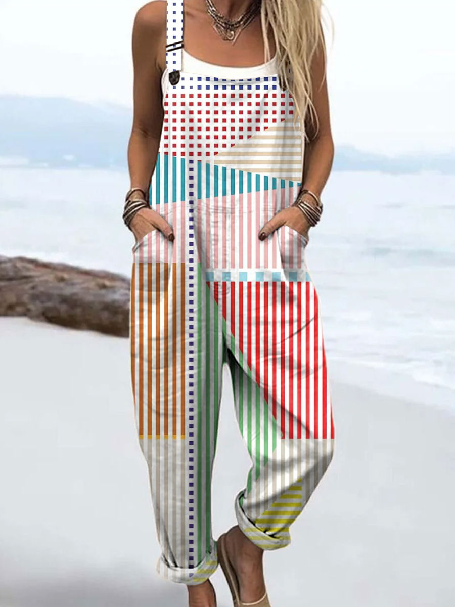 Women's Vintage Color Block Line Art Print Casual 100% Cotton Wide Leg Jumpsuit