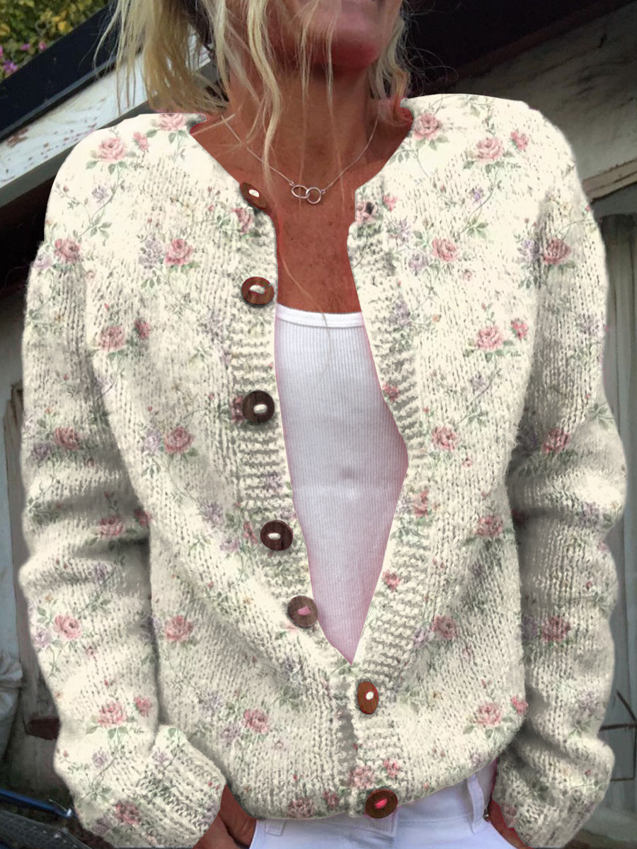Women's Retro Art Floral Print Buttoned Cardigan Sweater