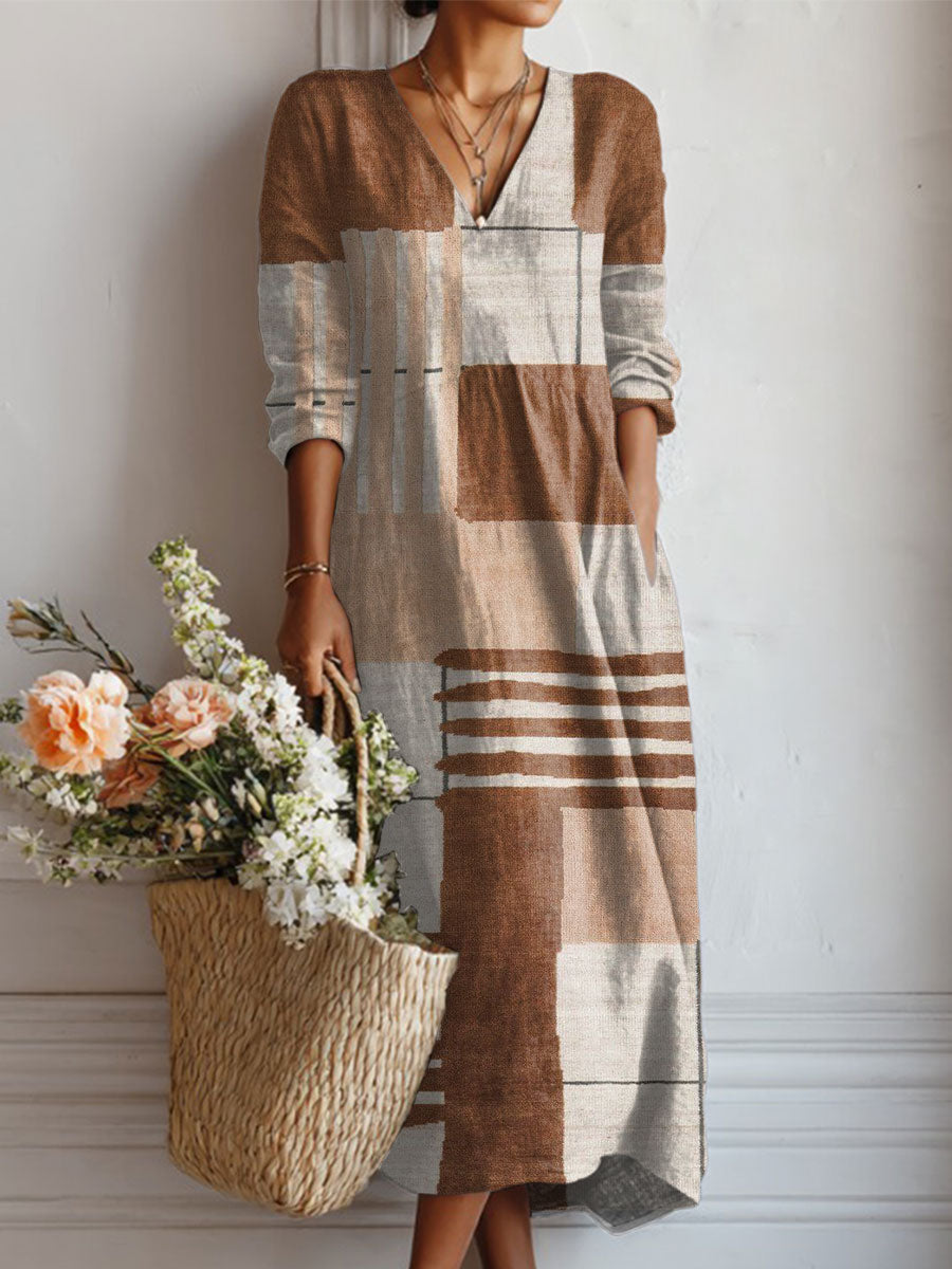 Women's Vintage  Abstract Geometry Art Print Linen Pocket Dress