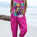 Women's Love Graffiti Art Print Casual 100% Cotton Wide Leg Jumpsuit