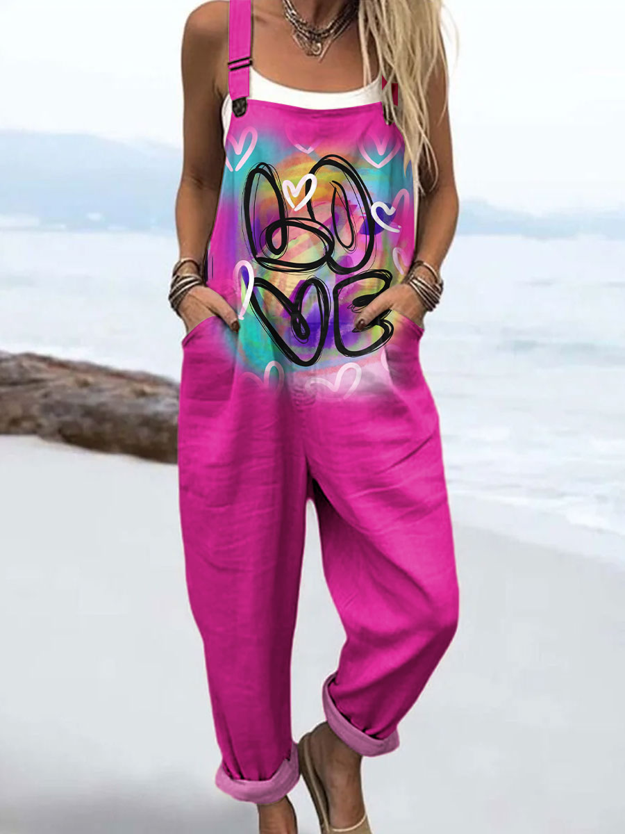 Women's Love Graffiti Art Print Casual 100% Cotton Wide Leg Jumpsuit