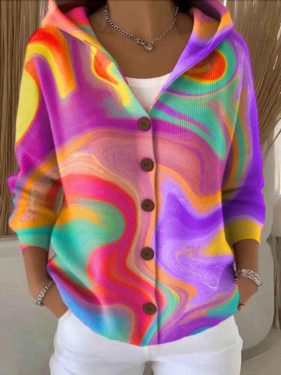 Women's Bright Colorful Abstract Paint Graffiti Painting Art Print Casual Hooded Button Sweater