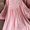 Floral Embroidered Button-Down Lantern Sleeve Cotton Dress