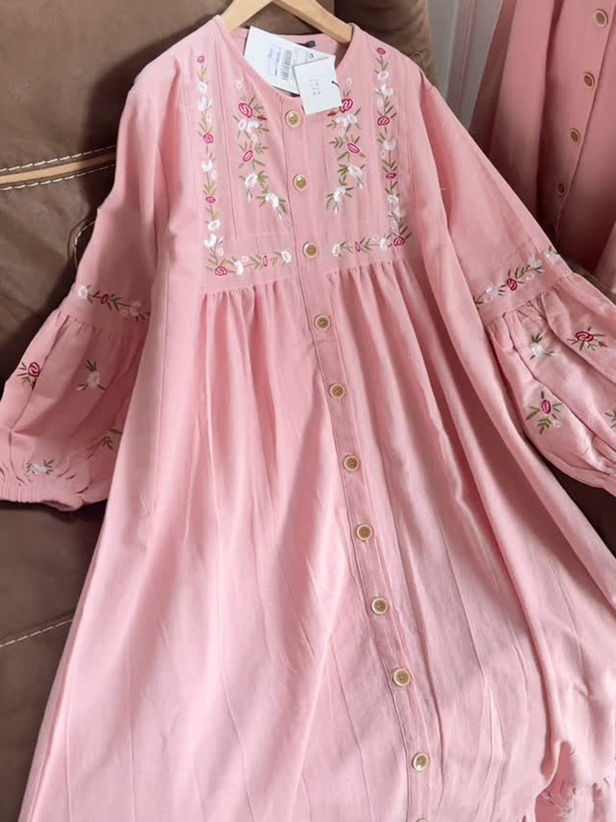 Floral Embroidered Button-Down Lantern Sleeve Cotton Dress