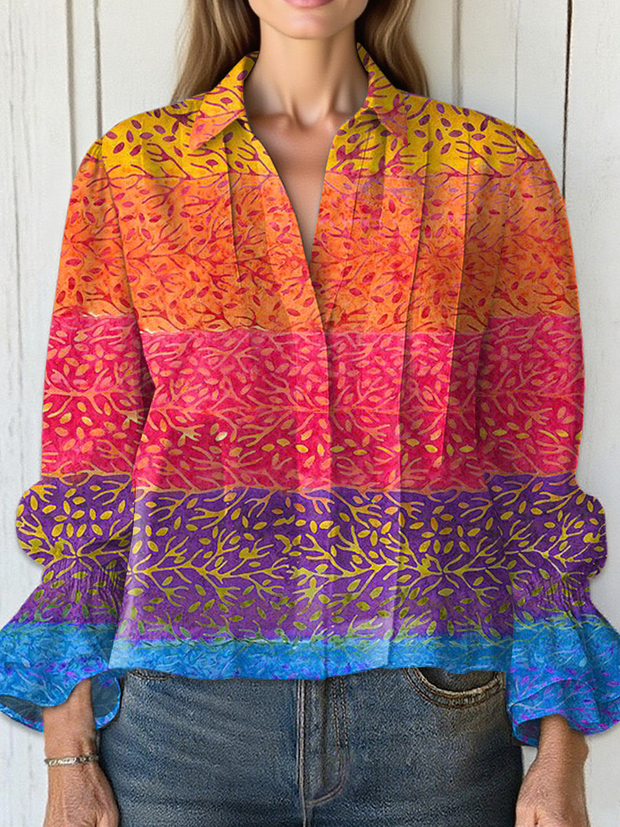 Women's  Vintage Flower Art Print Casual  Cotton And Linen Shirt