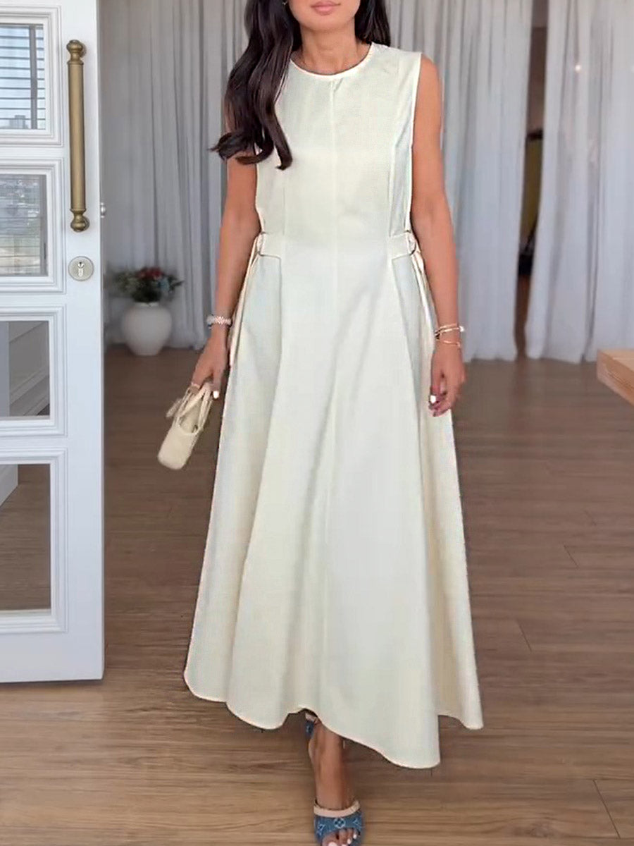 Women's Solid Color Round Neck Sleeveless Casual Cotton and Linen Vest Dress