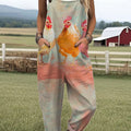 Women's  Funny Chicken Art Print Casual 100% Cotton Wide Leg Jumpsuit