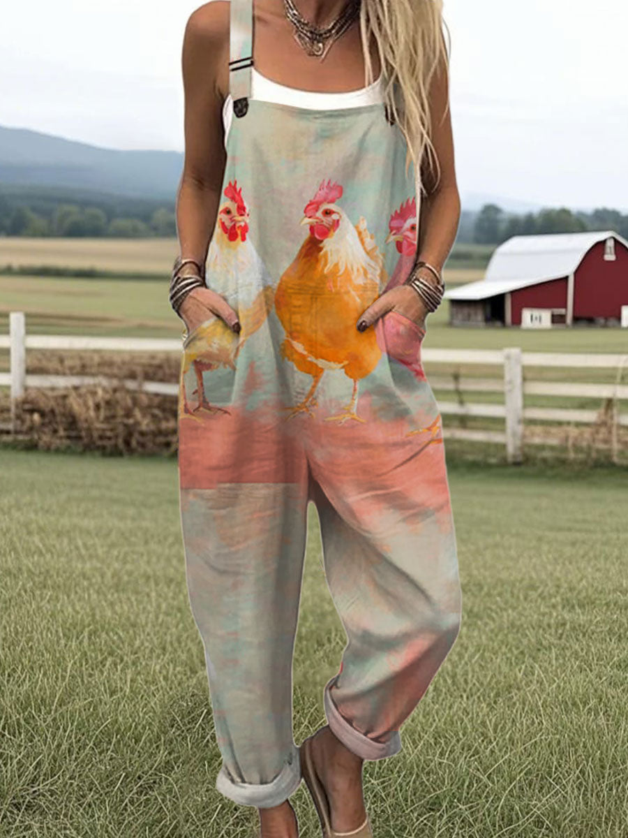 Women's  Funny Chicken Art Print Casual 100% Cotton Wide Leg Jumpsuit