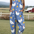 Women's Cute Chicken Flowers Art Print Casual 100% Cotton Wide Leg Jumpsuit