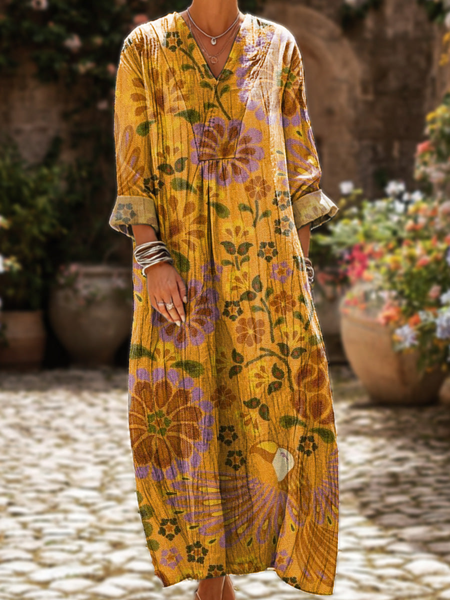 Women's Vintage Floral Painting Art Print Dress