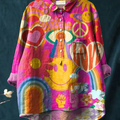 Retro Style Cartoon Collage Pattern Printed Women's Casual Cotton And Linen Shirt