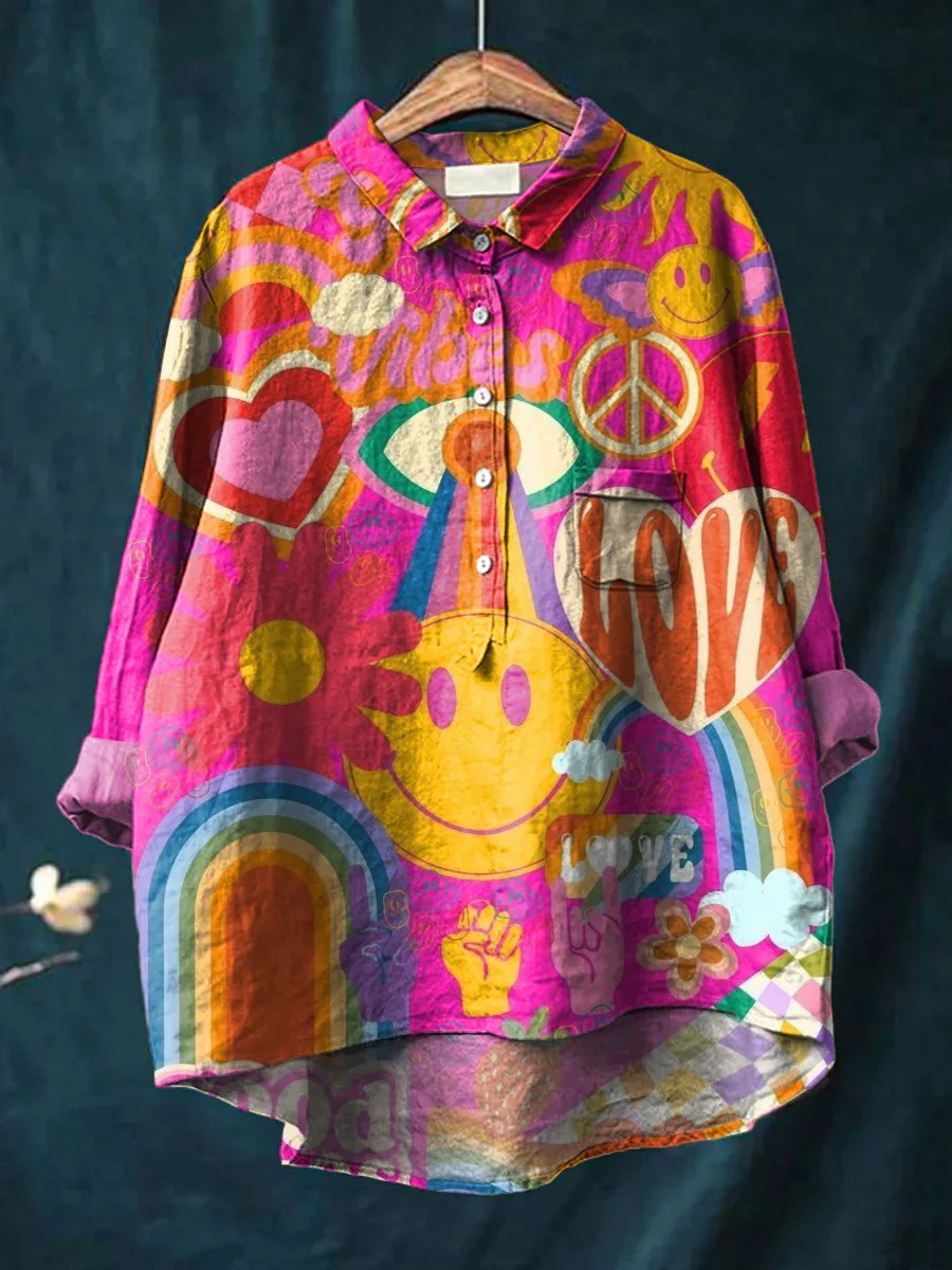 Retro Style Cartoon Collage Pattern Printed Women's Casual Cotton And Linen Shirt
