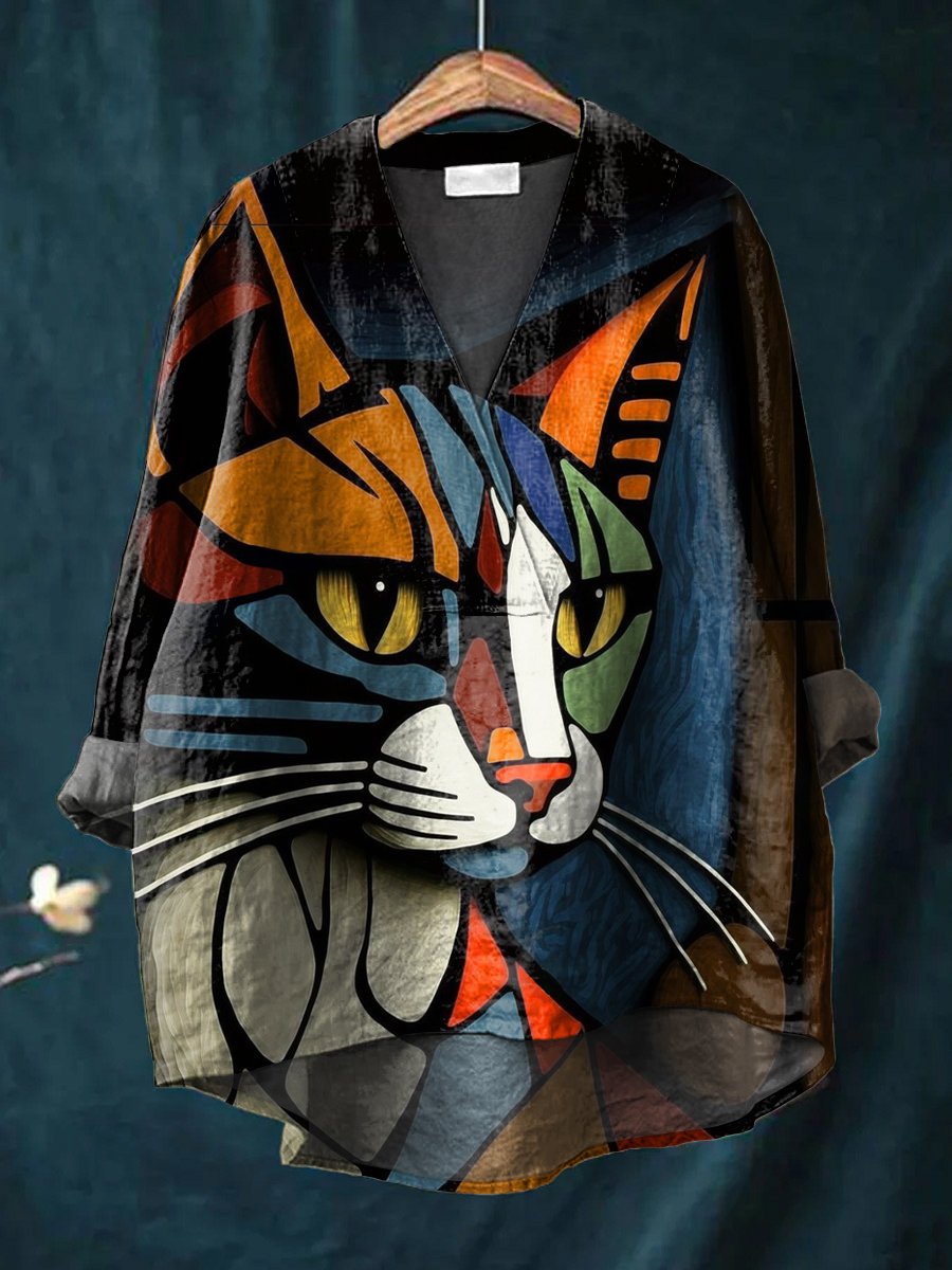 Women's Abstract Cat Art Print Casual Cotton And Linen V-neck Shirt