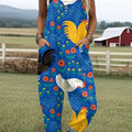 Women's Flower Funny Chick Art Print Casual 100% Cotton Wide Leg Jumpsuit
