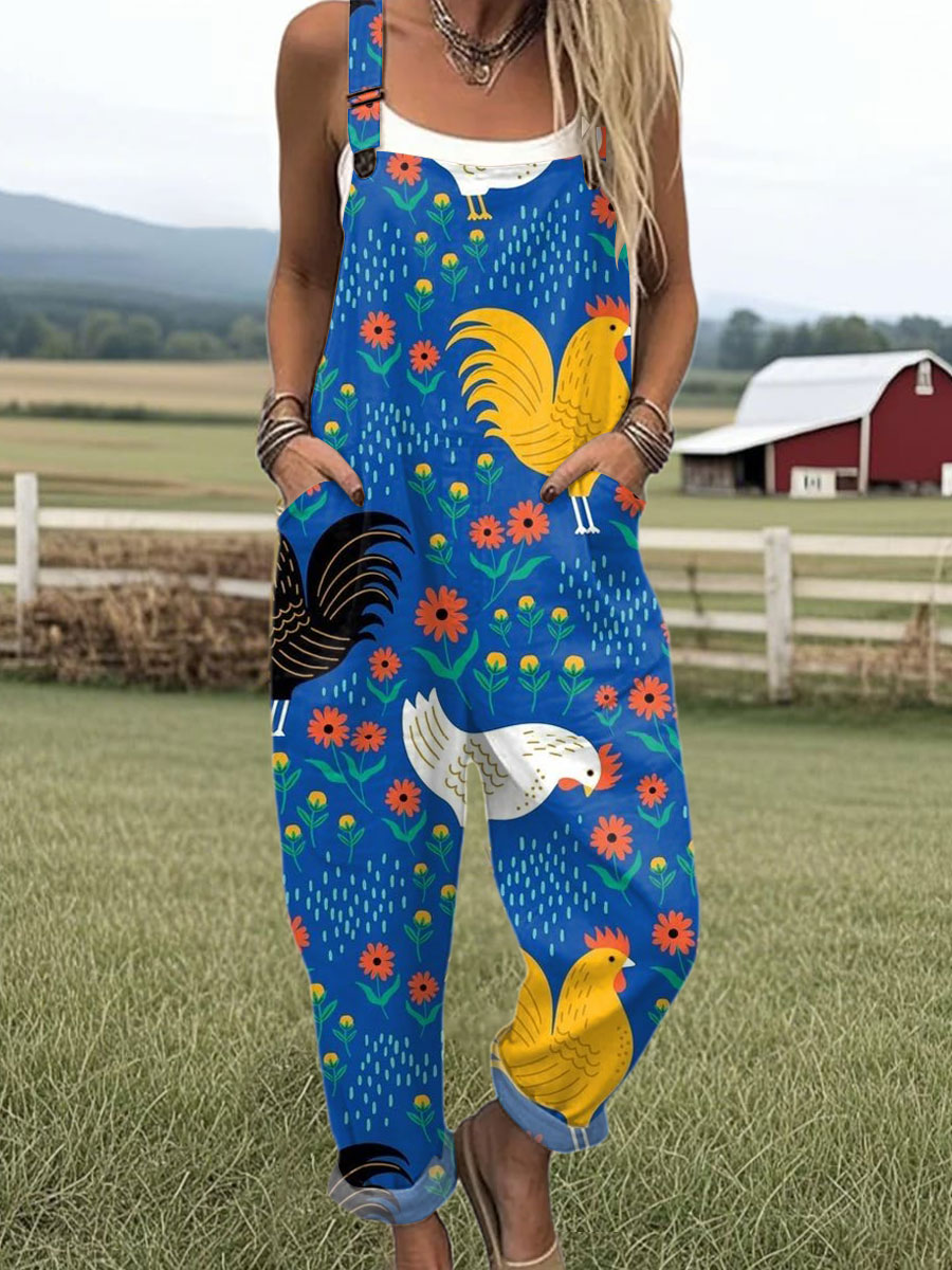 Women's Flower Funny Chick Art Print Casual 100% Cotton Wide Leg Jumpsuit