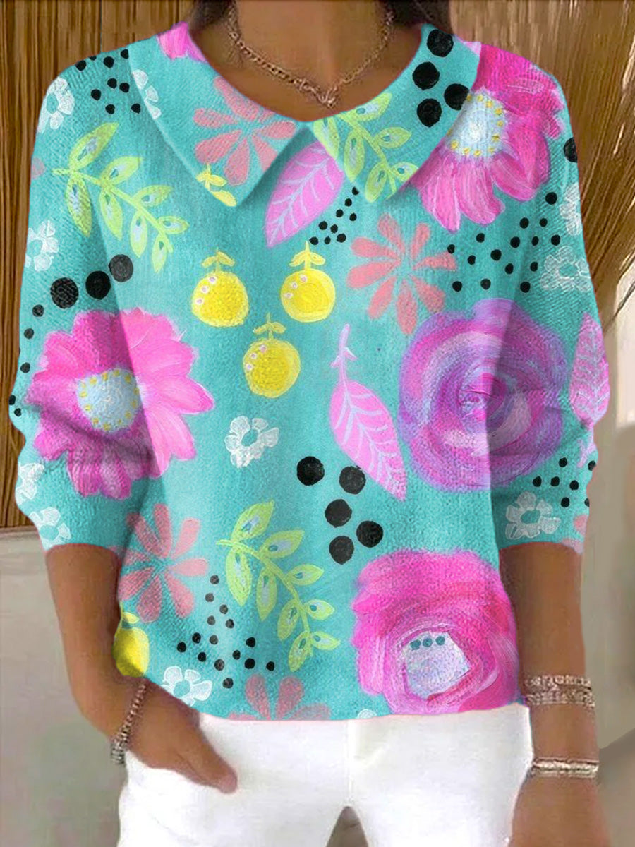 Women's Beautiful Colorful Flower Painting Art Print Casual Peter Pan Collar 3/4 Sleeve Sweater