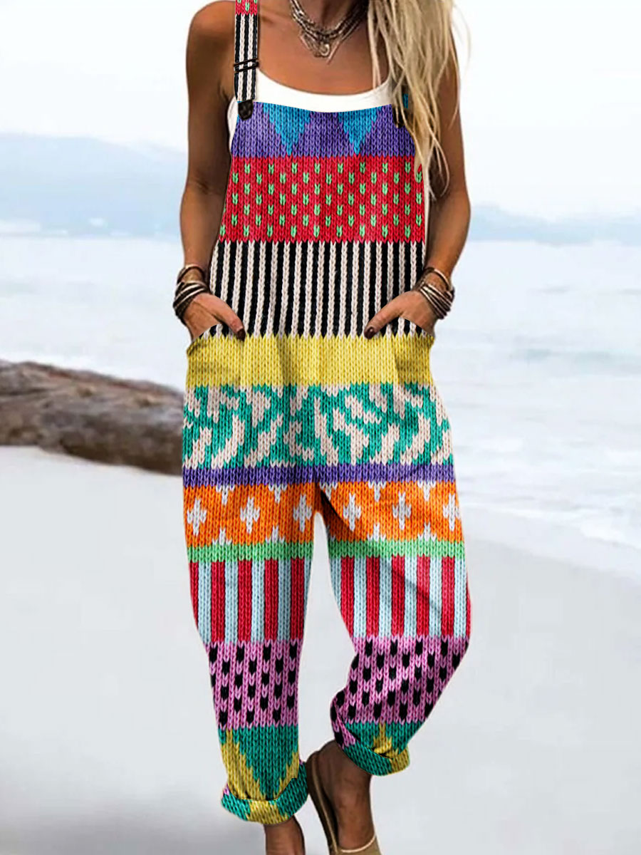 Women's Vintage Abstract Geometric Line Art Print Casual 100% Cotton Wide Leg Jumpsuit