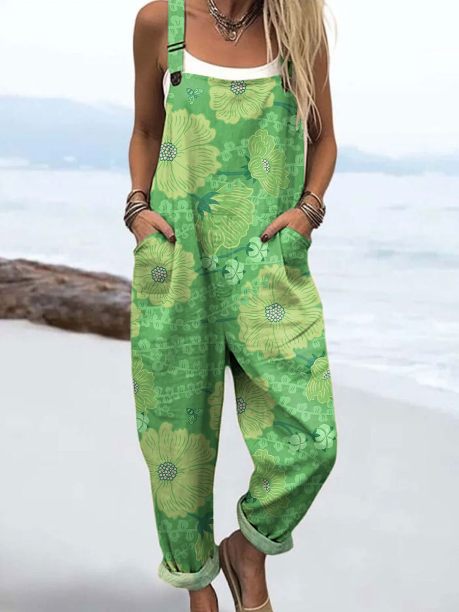 Women's Vintage Floral Art Print Casual 100% Cotton Wide Leg Jumpsuit