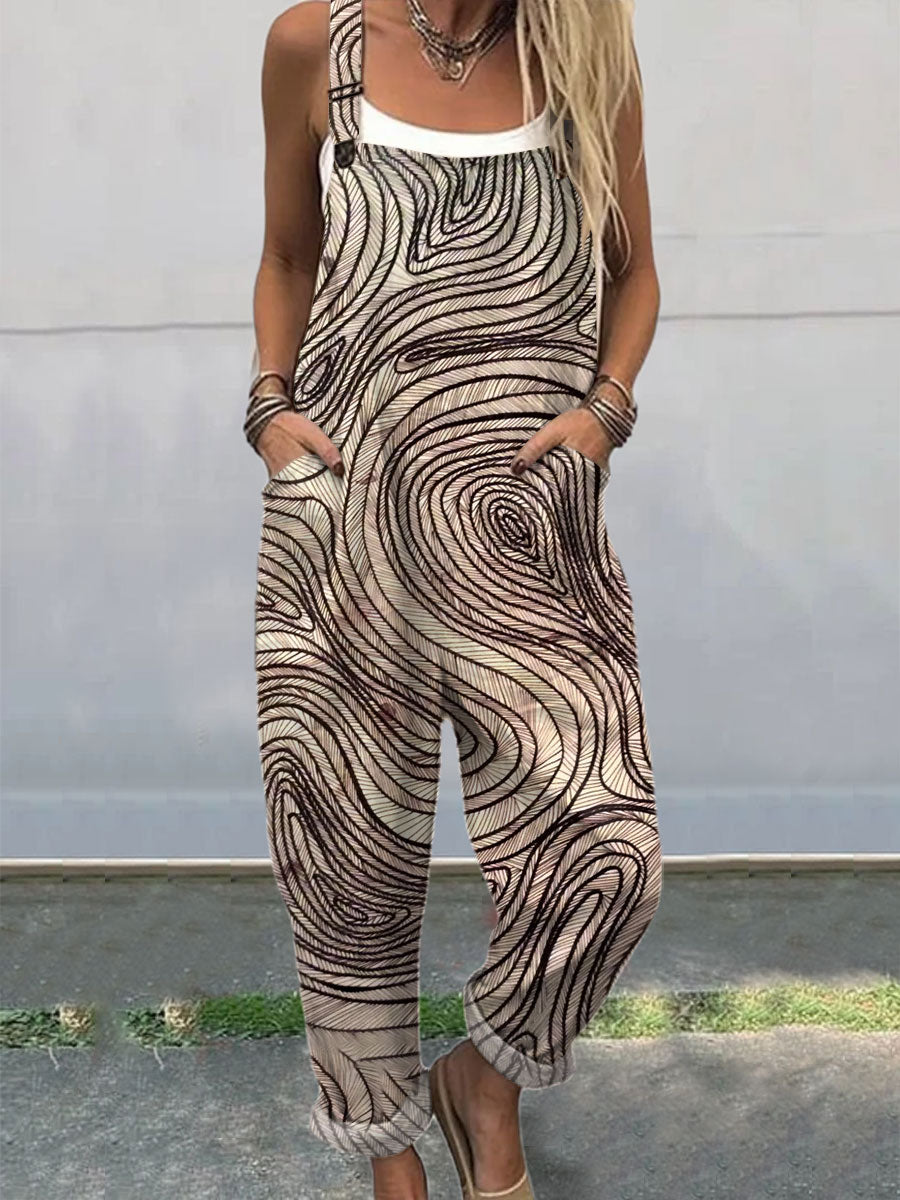 Women's  Vintage Abstract Geometric Art Print Casual 100% Cotton Wide Leg Jumpsuit