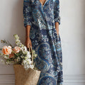 Women's Vintage Flower Art Print Linen Pocket Dress