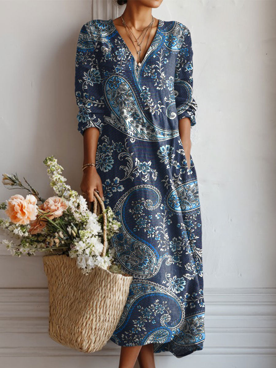 Women's Vintage Flower Art Print Linen Pocket Dress