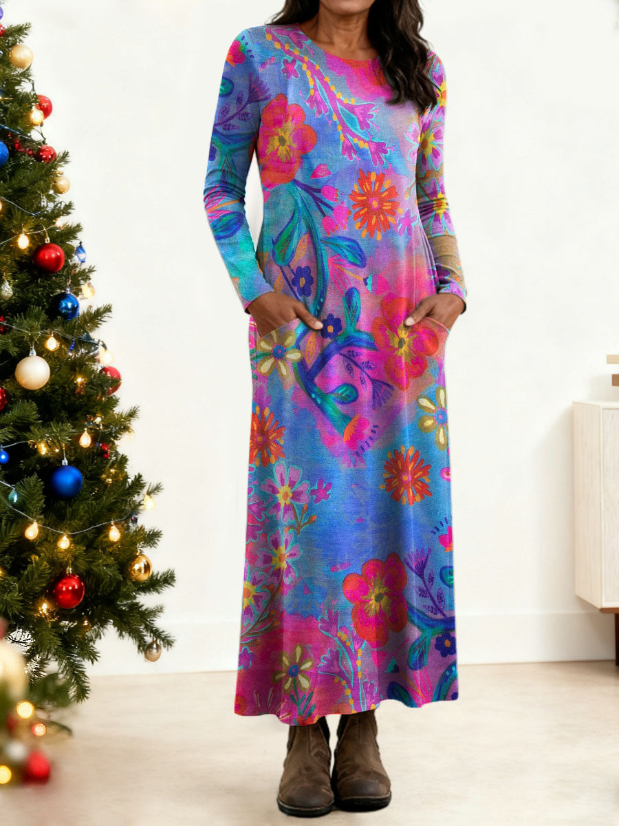 Women's Floral Pattern Art Print Long-sleeved Dress