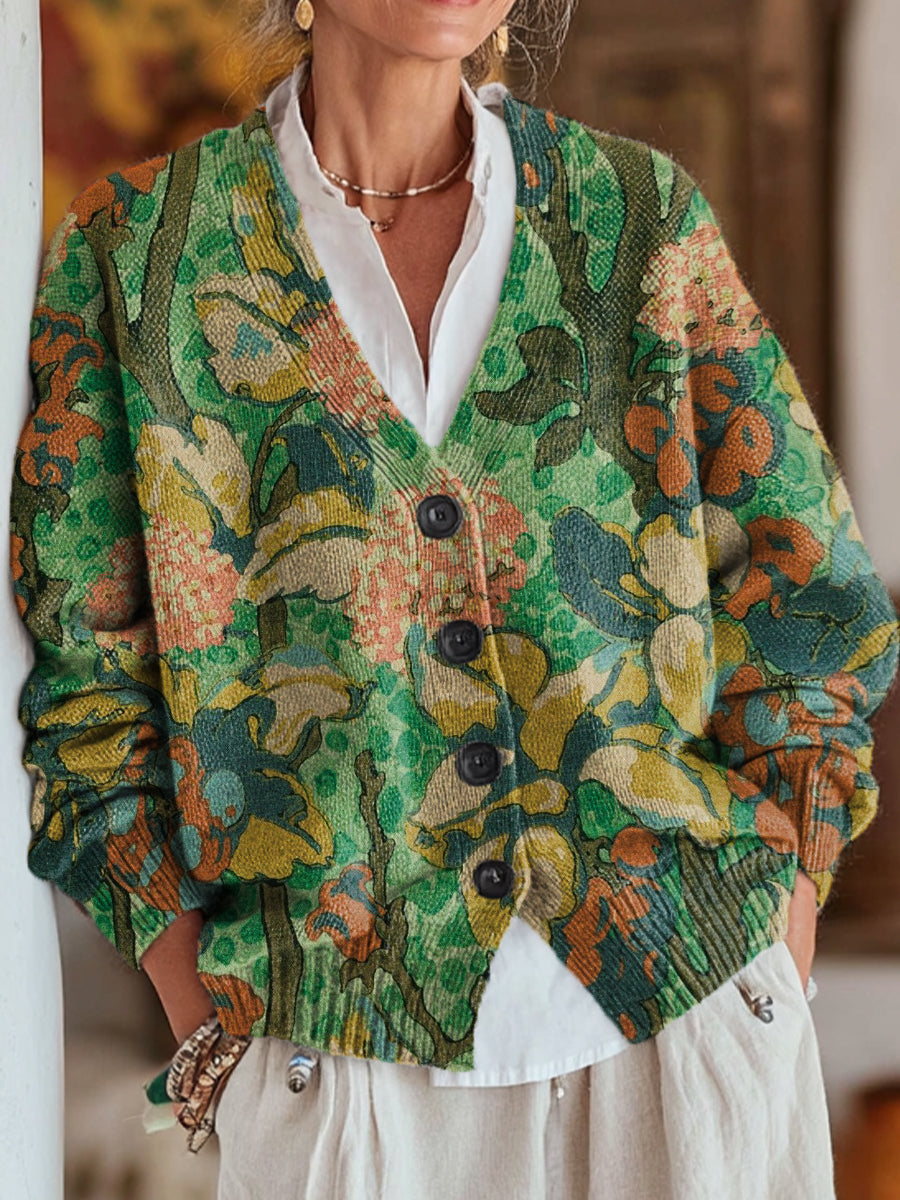 beautiful-ethnic-floral-painting-art-print-buttoned-v-neck-cardigan-sweater