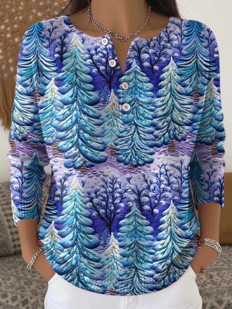 Women's Christmas Tree Art Print Buttoned Cardigan Sweater