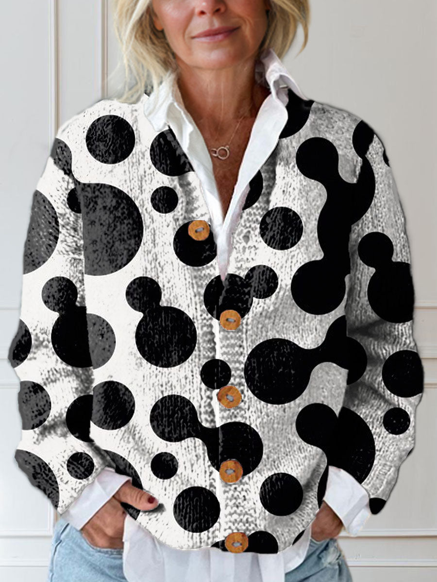 black-and-white-polka-dots-print-buttoned-cardigan-sweater