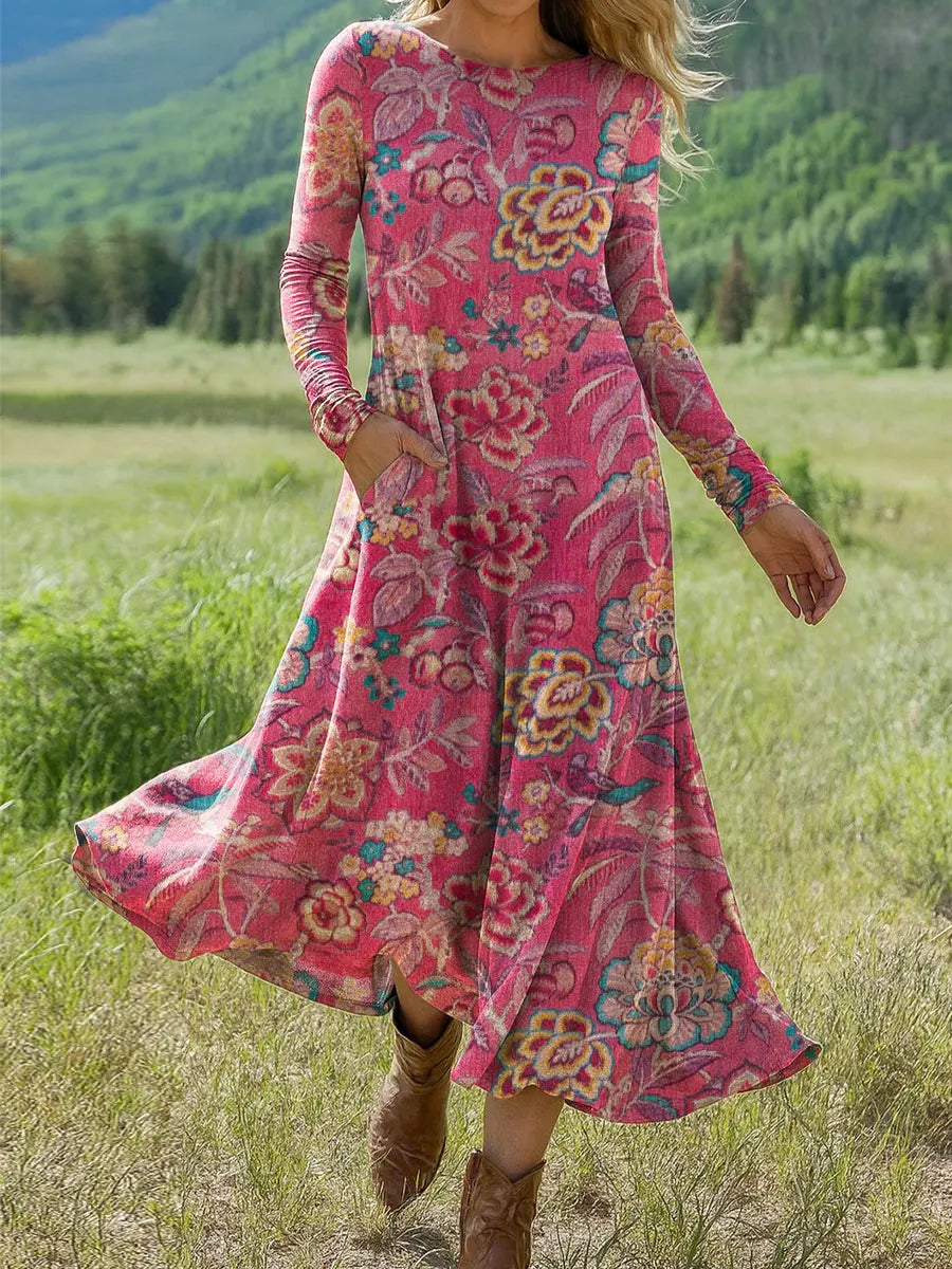 Women's Vintage  Flower Art Print Long-sleeved Dress