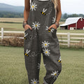Women's  Vintage Flower Bee Art Print Casual 100% Cotton Wide Leg Jumpsuit