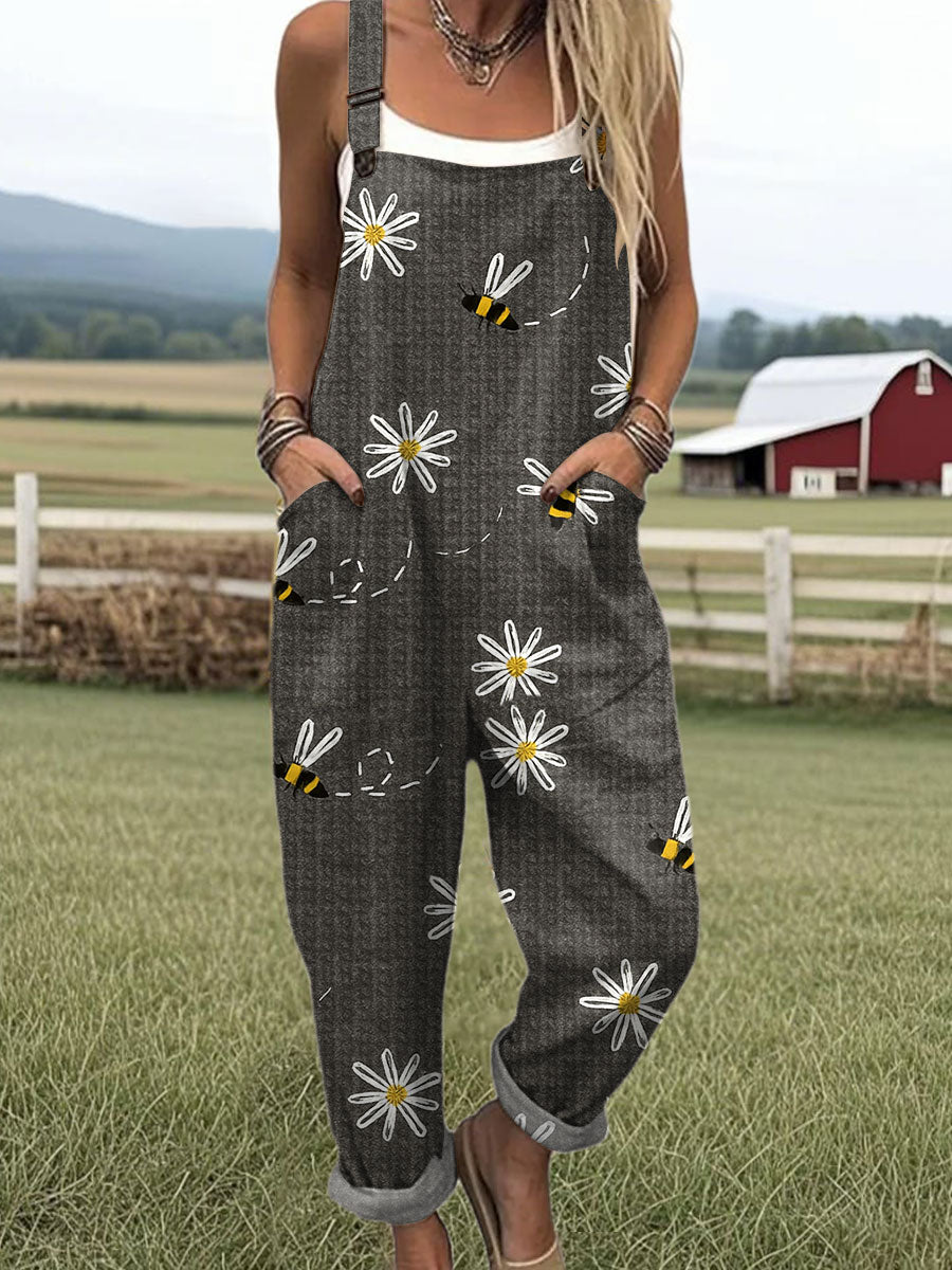 Women's  Vintage Flower Bee Art Print Casual 100% Cotton Wide Leg Jumpsuit