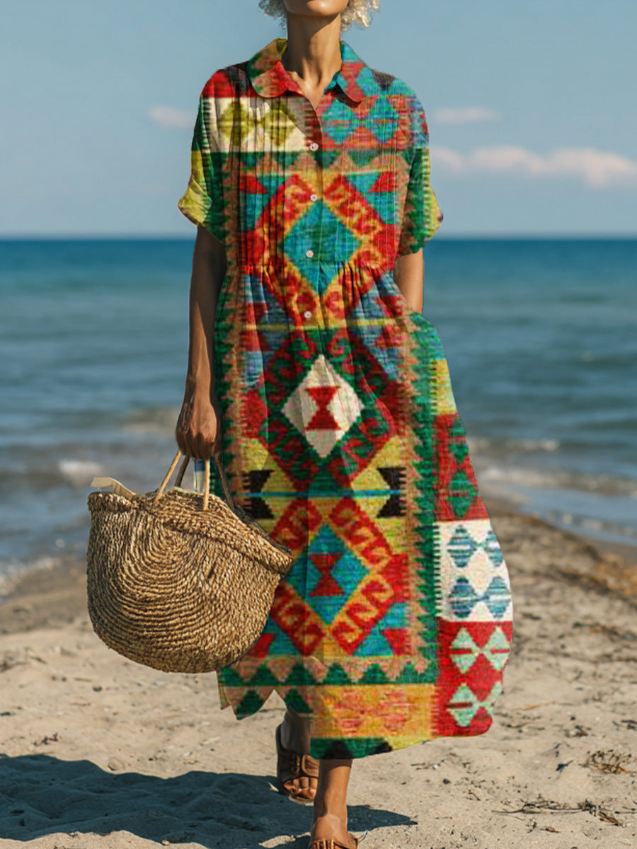 Women's Vintage Ethnic Multicolor Rhombus Geometric Painting Art Print Dress