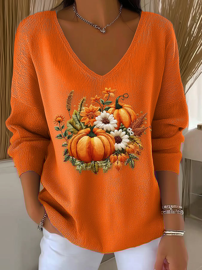 womens-vintage-pumpkin-art-print-casual-pullover-sweater-vl11